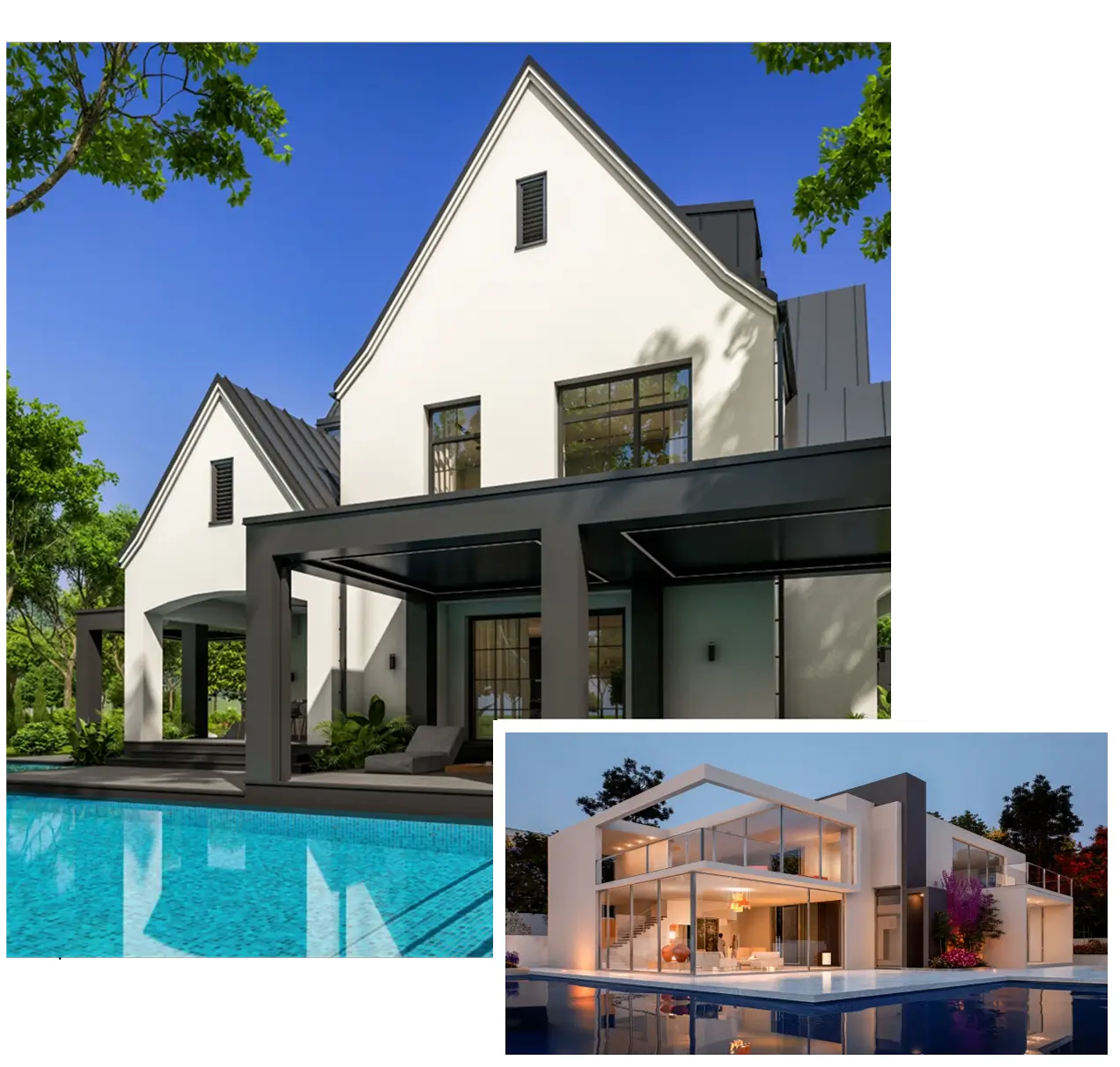 Modern white house with a pool and large windows under a clear blue sky.