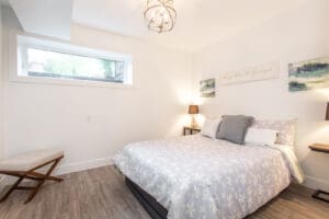 Bright and cozy bedroom with modern decor and soft lighting.