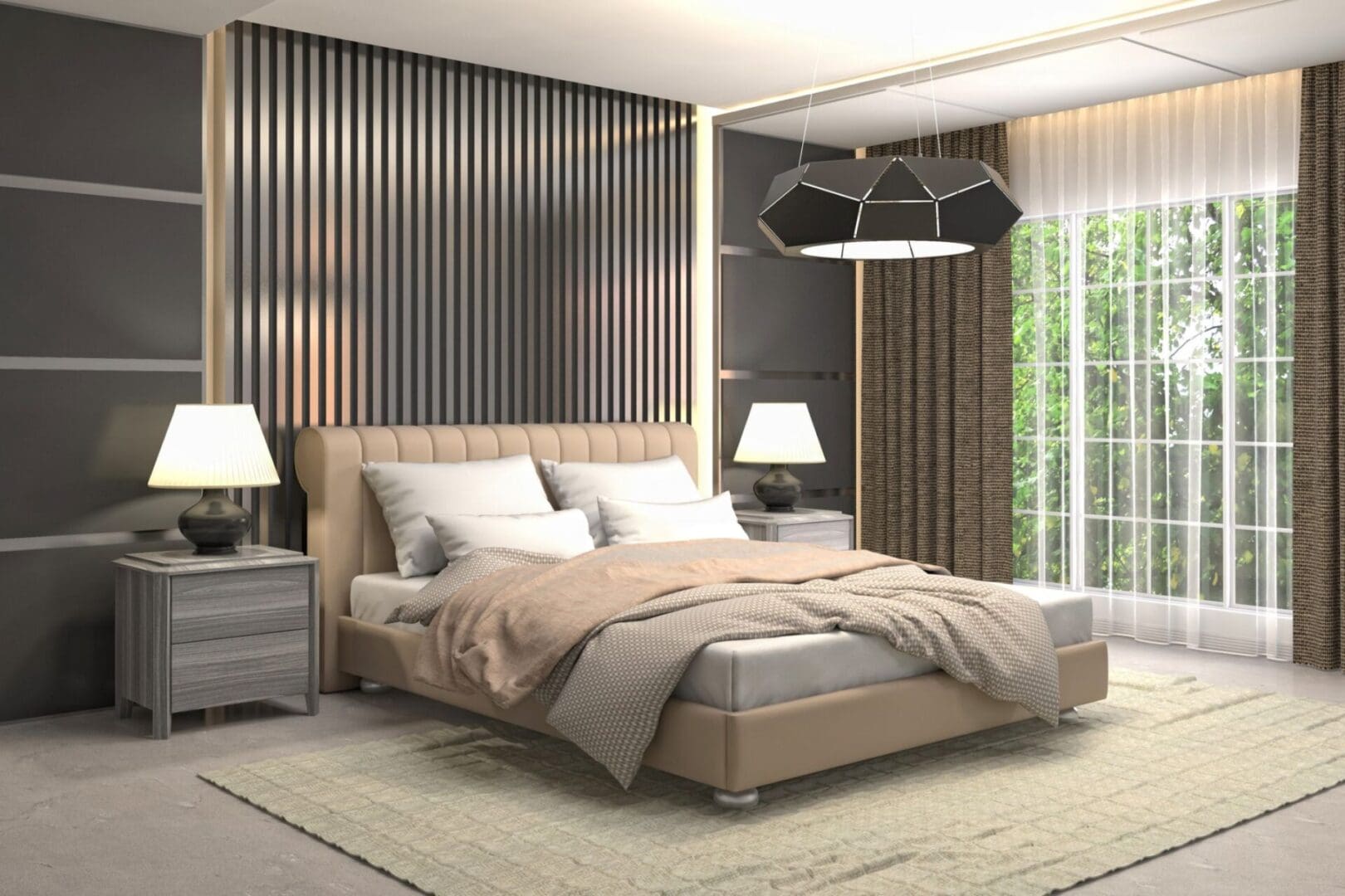 Modern bedroom with neutral tones and sleek wood panel accent wall.