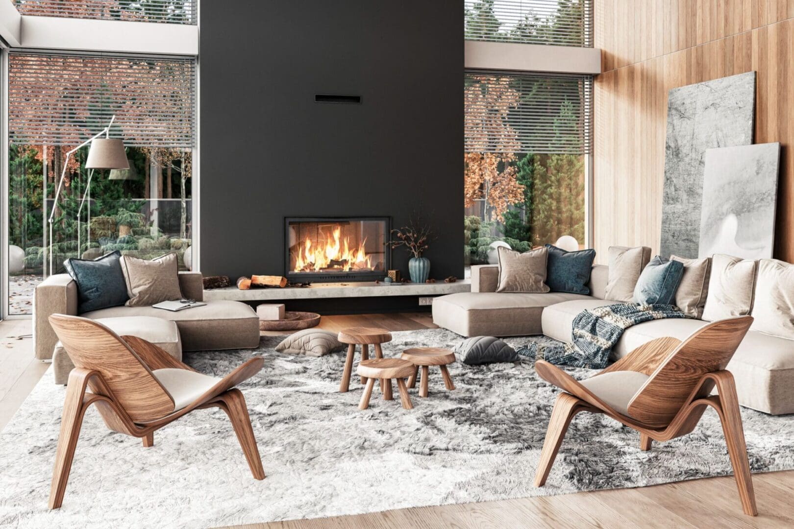 Cozy modern living room with a fireplace and stylish wooden furniture.