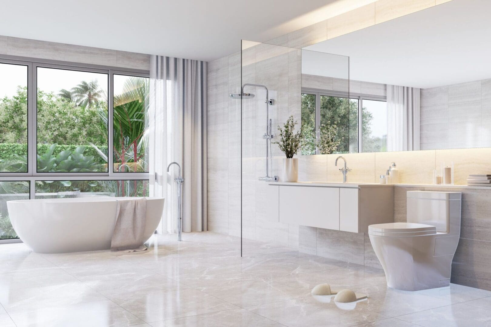 Bright, modern bathroom with glass shower and freestanding tub.