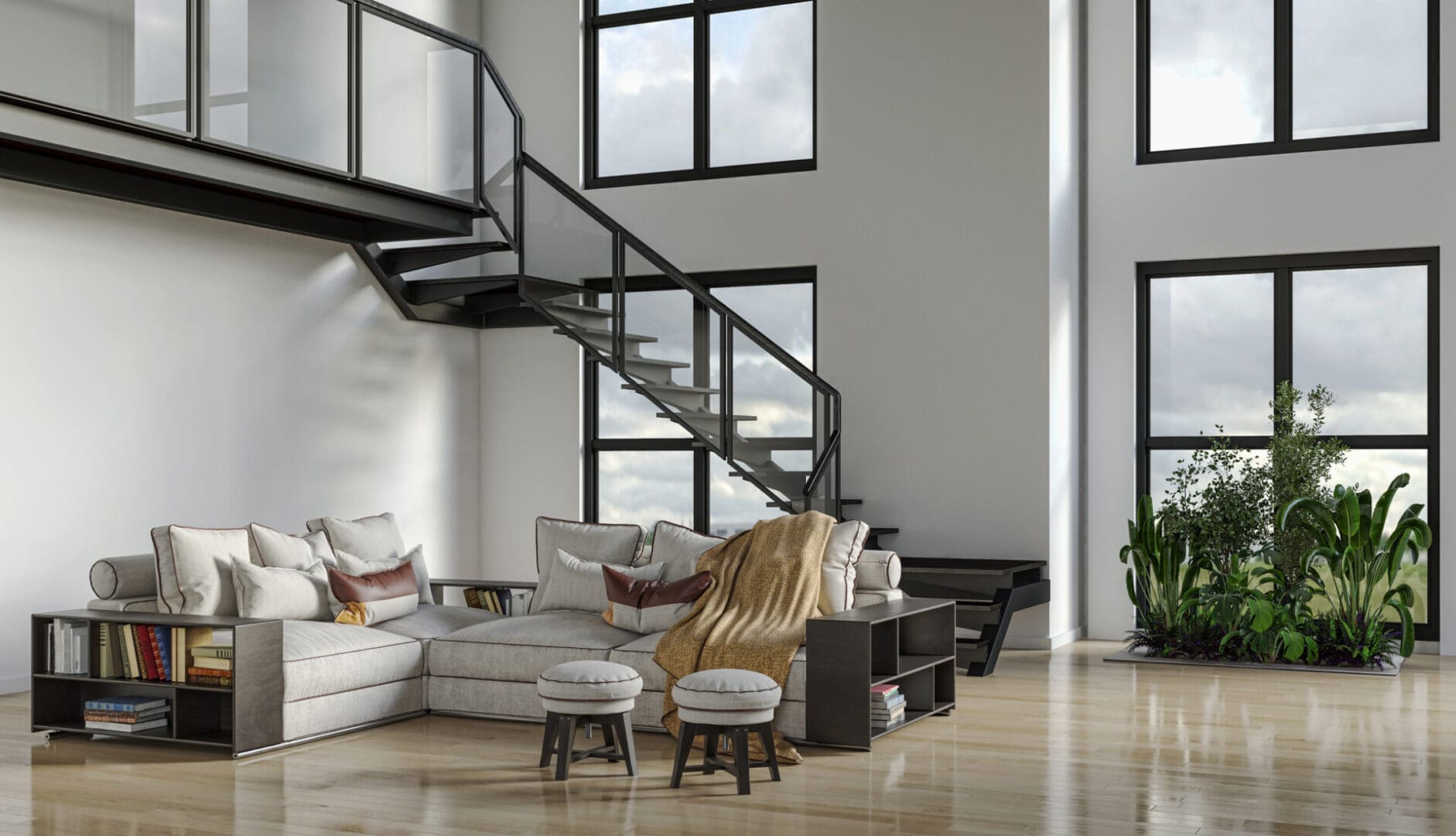 Modern living room with a sleek black staircase and neutral-toned furniture.