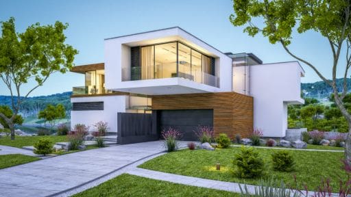 Modern house with clean lines and large windows.