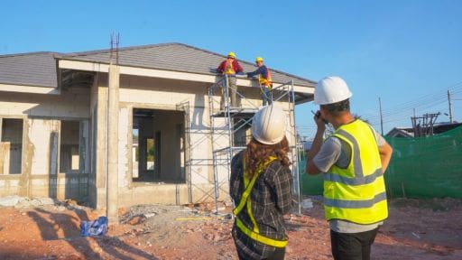 Construction workers inspecting and building a residential house under construction.