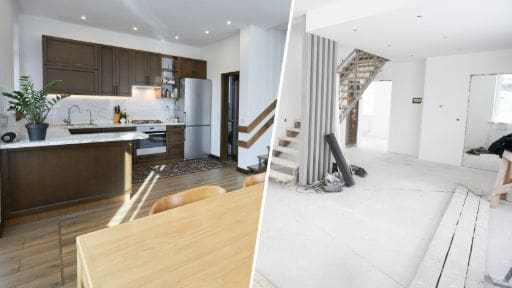 Modern kitchen and living space with sleek design and staircase.